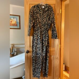 Leopard Print Zipper Front Jumpsuit with Self-Tie Waist - Black & Tan